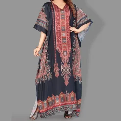 Woven Long Kaftan V-Neck with belt of polyester crape with crystals MIF0019