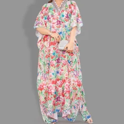 Woven Long Kaftan V-Neck with belt of polyester crape with crystals MIF0010
