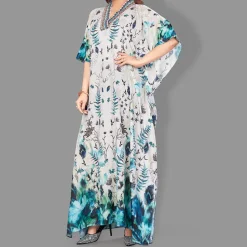 Woven Long Kaftan V-Neck with belt of polyester crape with crystals MIF0011