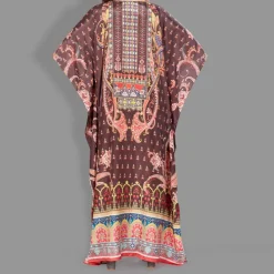 Woven Long Kaftan V-Neck with belt of polyester crape with crystals MIF0021