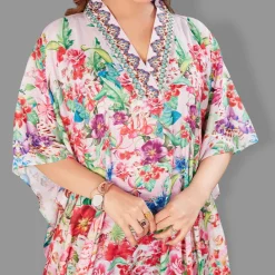 Woven Long Kaftan V-Neck with belt of polyester crape with crystals MIF0010