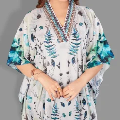 Woven Long Kaftan V-Neck with belt of polyester crape with crystals MIF0011