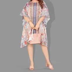 Woven Short Kaftan with Belt of Polyester Crape with Crystals MIF002
