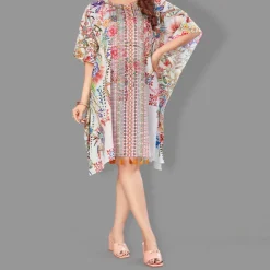 Woven Short Kaftan with Belt of Polyester Crape with Crystals MIF001