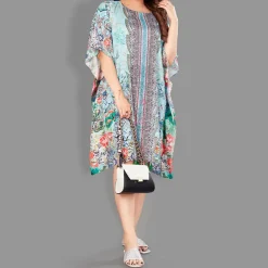 Woven Short Kaftan with Belt of Polyester Crape with Crystals MIF003