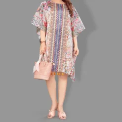 Woven Short Kaftan with Belt of Polyester Crape with Crystals MIF002