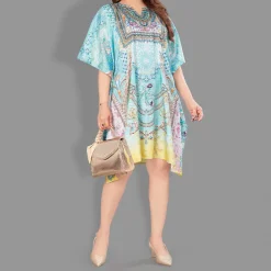 Woven Short Kaftan with Belt of Polyester Crape with Crystals MIF005