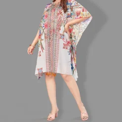 Woven Short Kaftan with Belt of Polyester Crape with Crystals MIF001