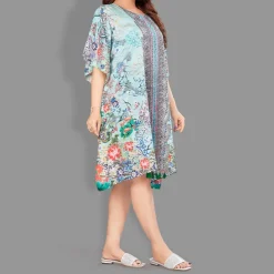 Woven Short Kaftan with Belt of Polyester Crape with Crystals MIF003