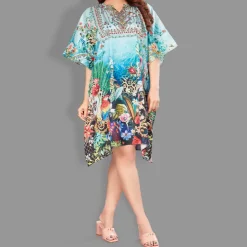 Woven Short Kaftan with Belt of Polyester Crape with Crystals MIF004